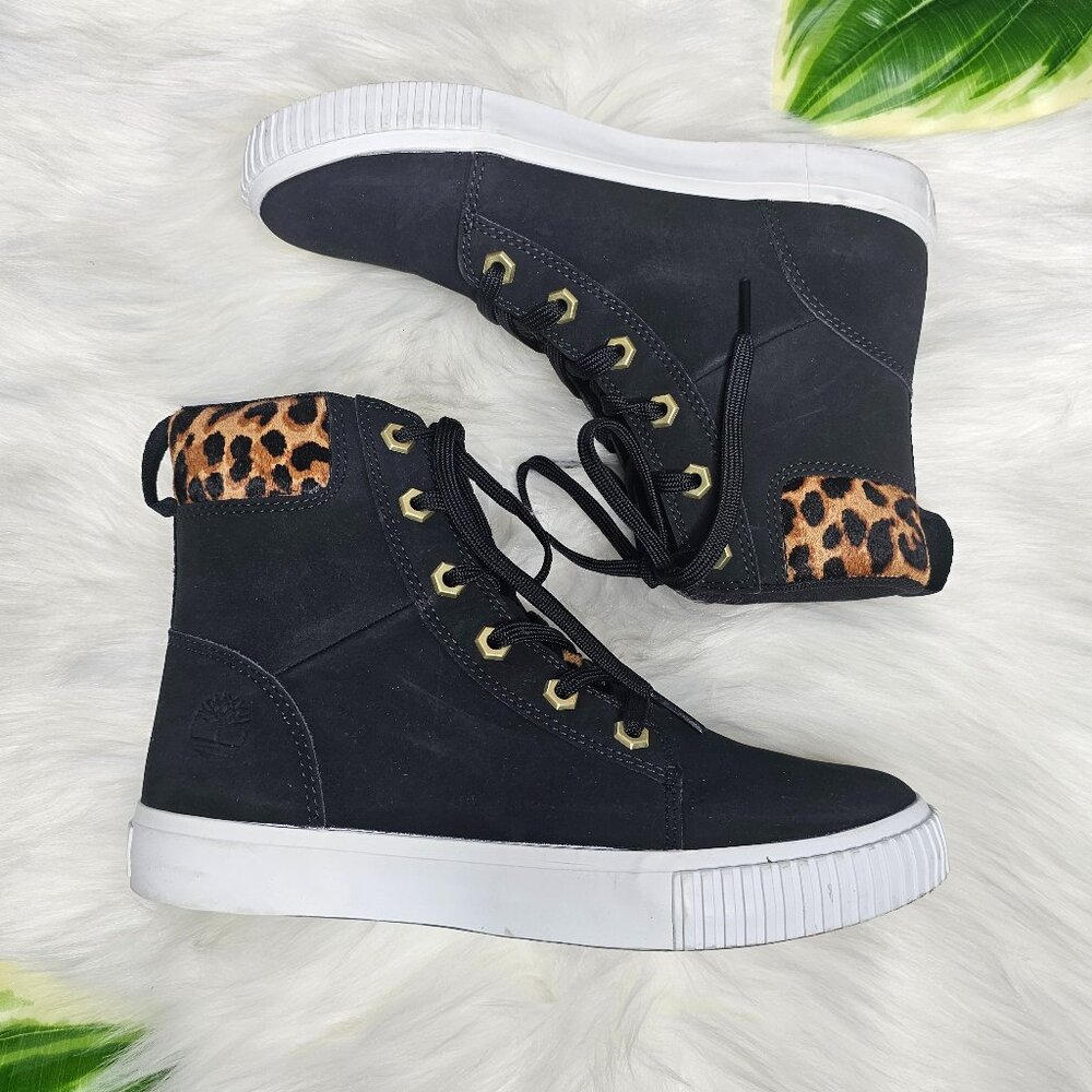 Timberland Skyla Bay High-Top Sneakers Black Leopard Print Women’s 6.5